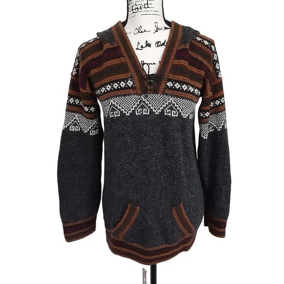 Vintage Peruvian Alpaca Sweater Hooded Pullover Aztec Gray Tribal Nordic - Picture 1 of 9
